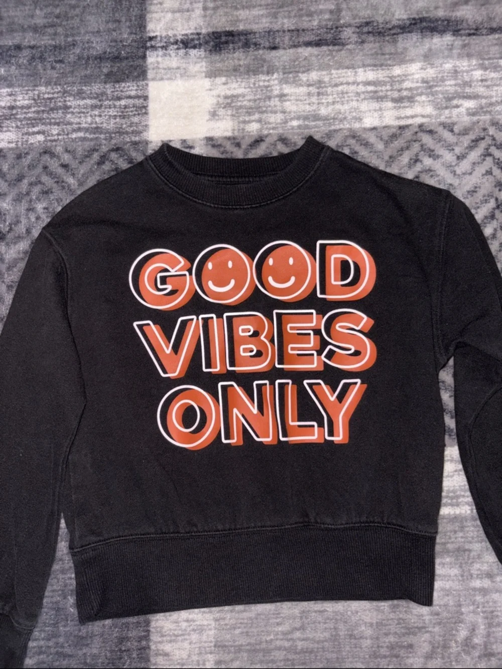 🦋wonder nation Black Sweatshirt with Orange 'Good Vibes Only' Graphic